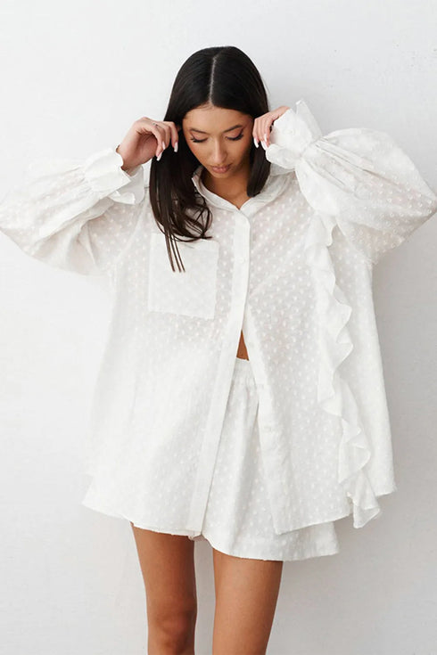 'Avonlace' Collared Neck Top and Shorts Set - Celes Fashion
